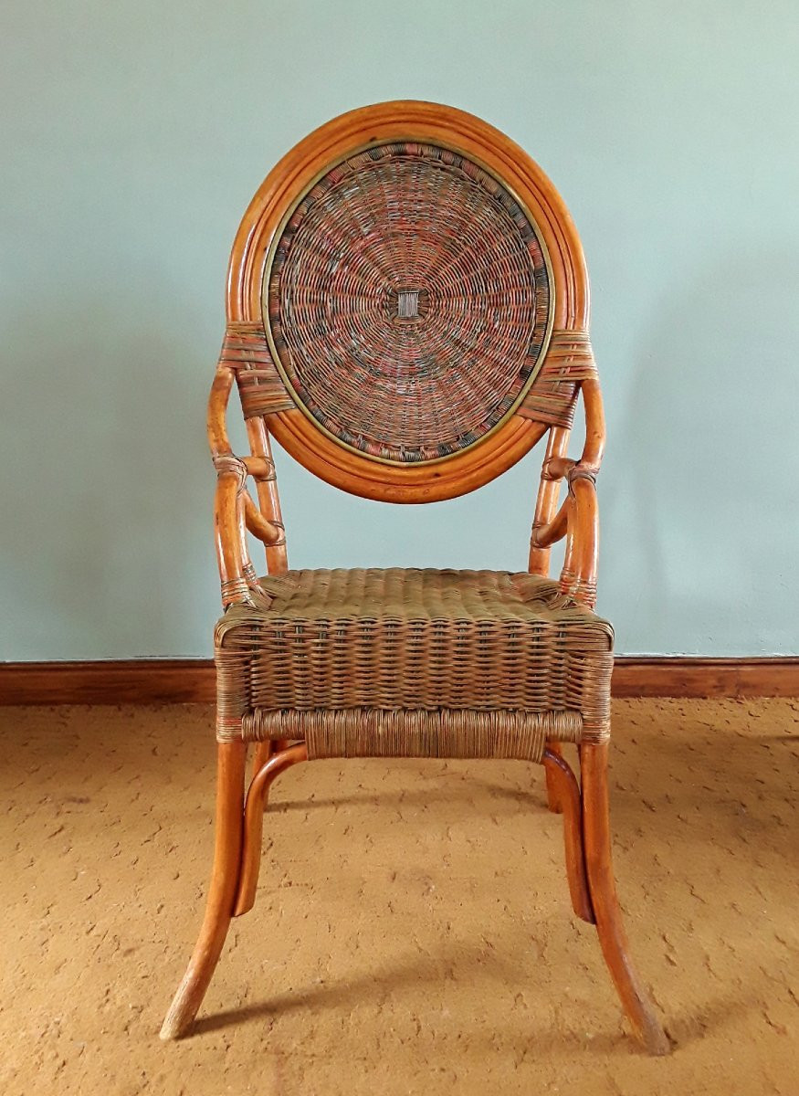 Suite de quatre chaises en rotin et bambou polychrome. (H 112 cm)-photo-3