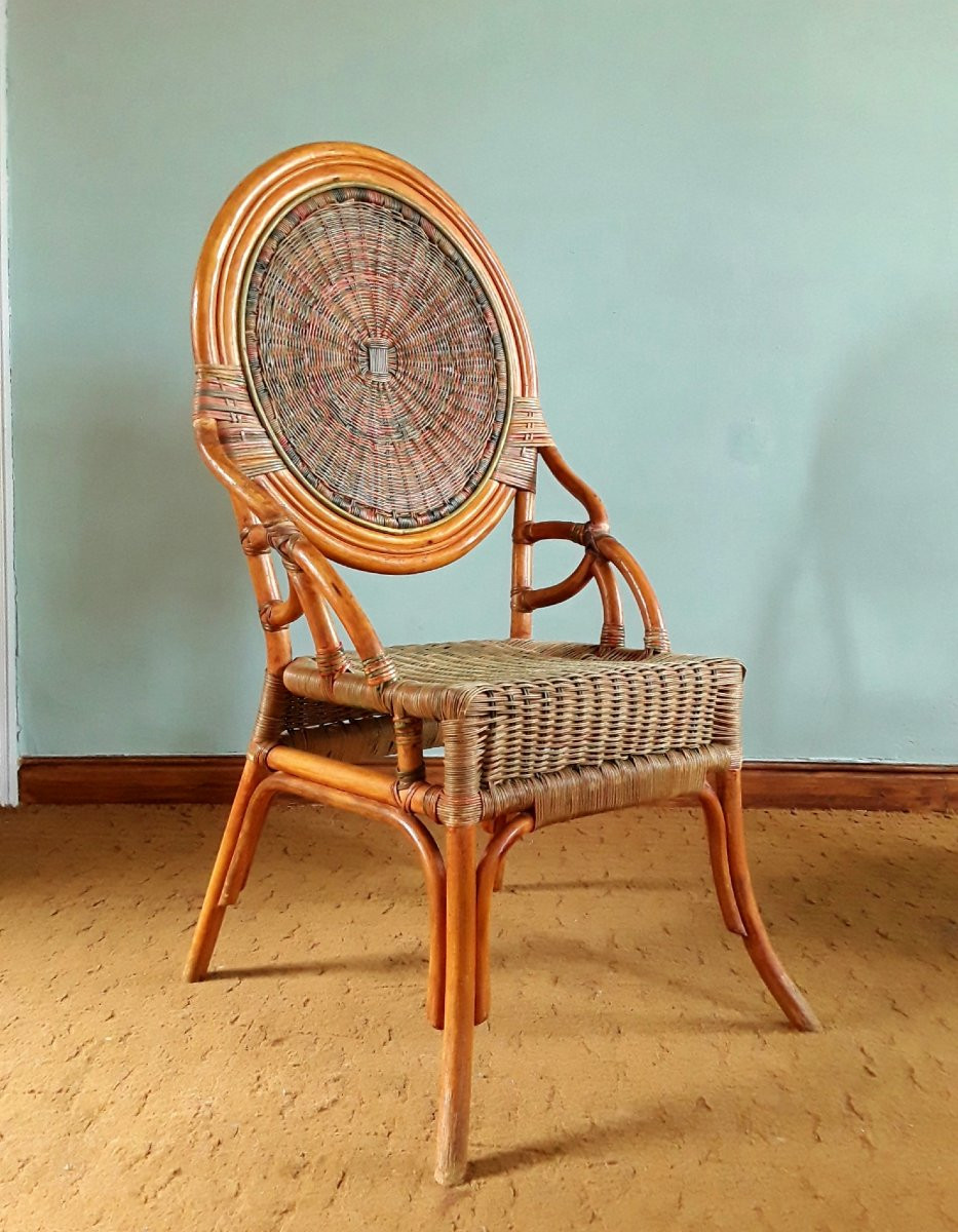 Suite de quatre chaises en rotin et bambou polychrome. (H 112 cm)-photo-4