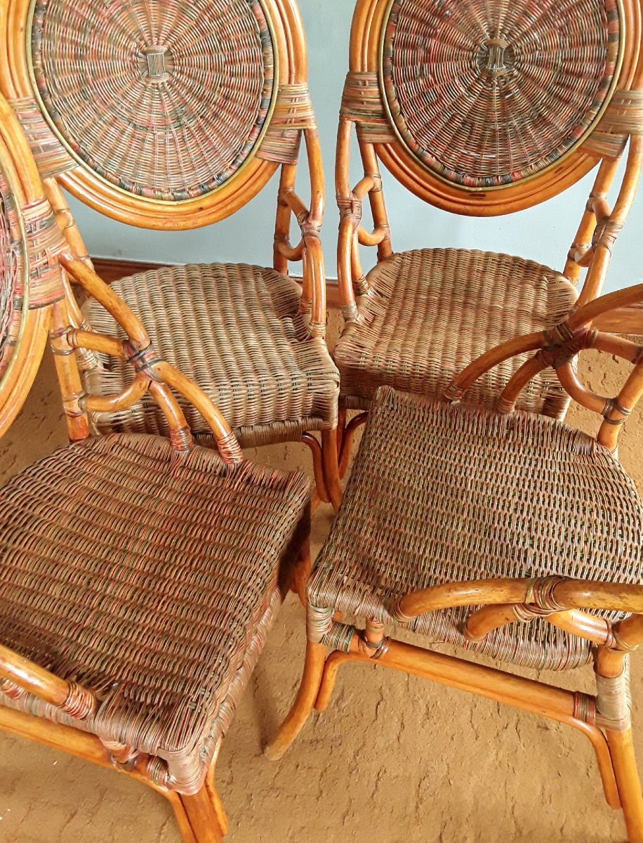 Suite de quatre chaises en rotin et bambou polychrome. (H 112 cm)-photo-6