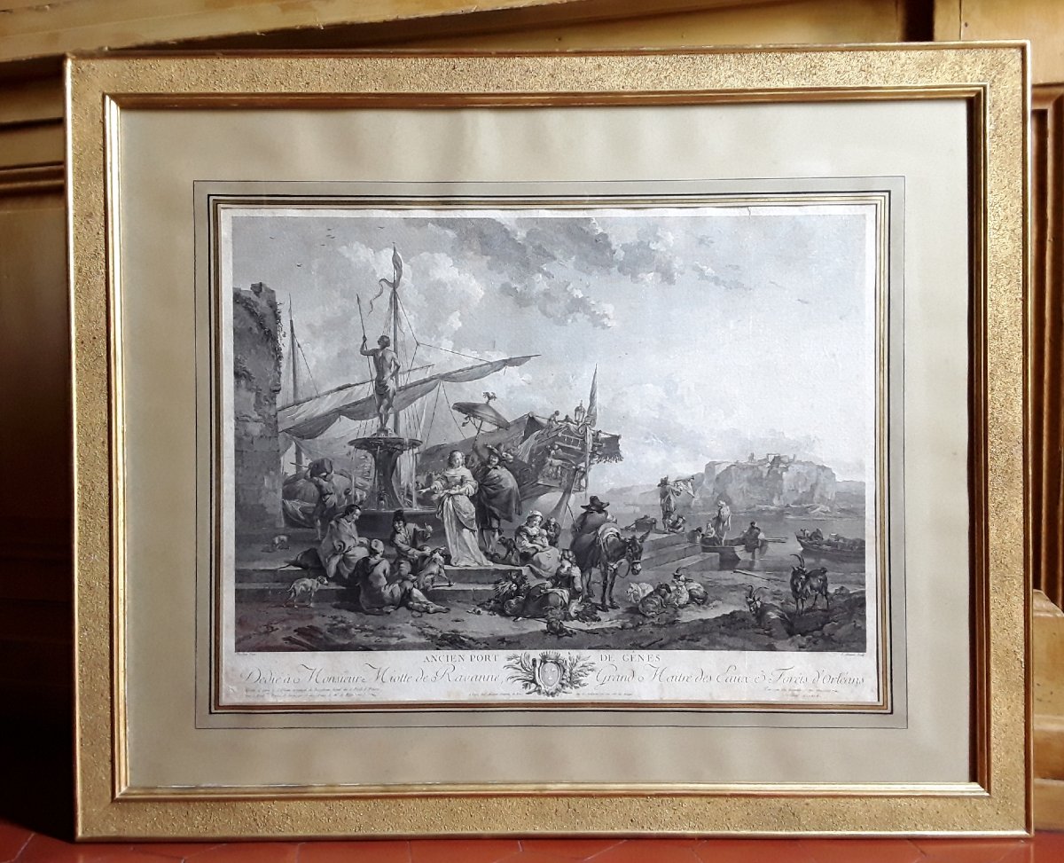 Grande gravure XVIII ème. "Port de Gênes"-photo-3
