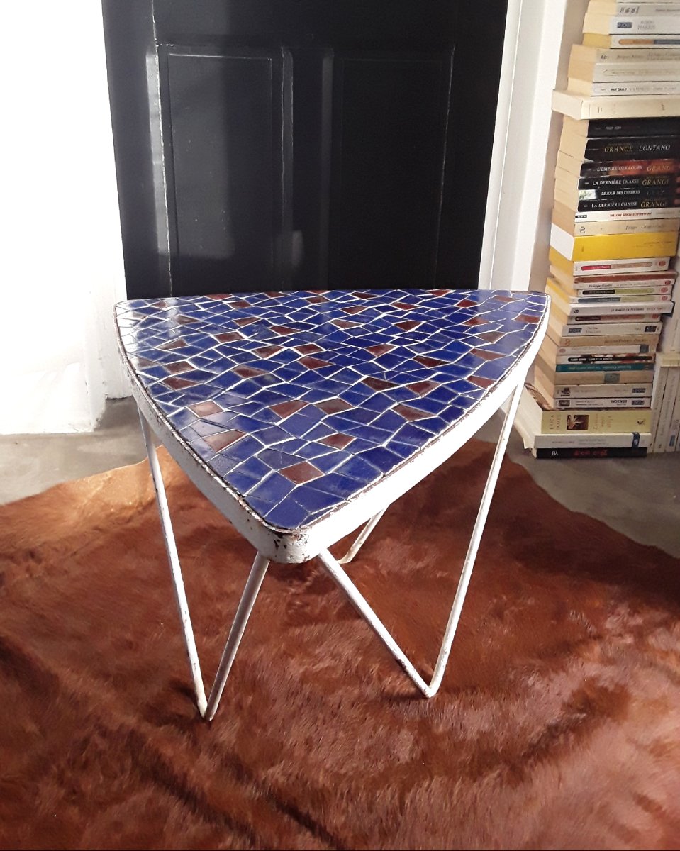 Table basse en mosaïque et fer forgé. Années 1950.-photo-2