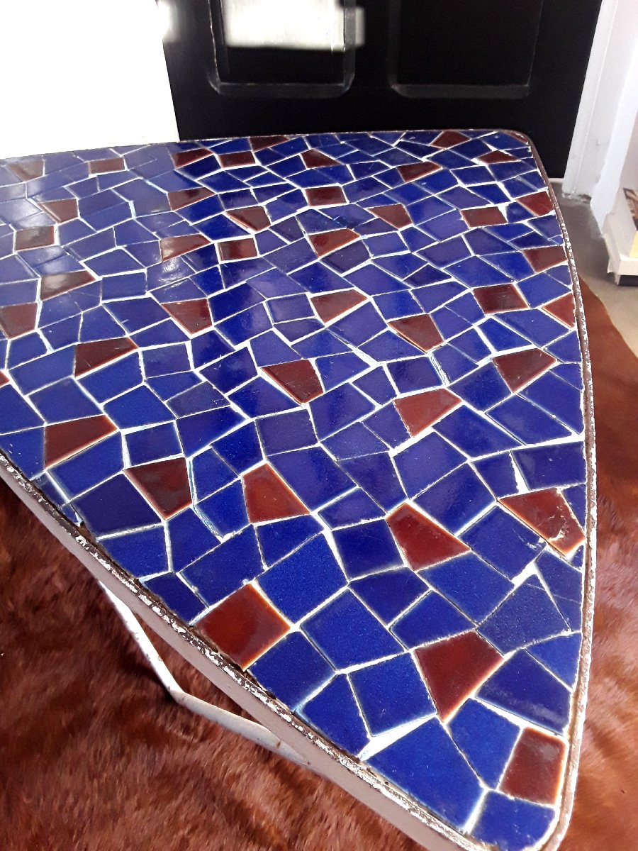 Table basse en mosaïque et fer forgé. Années 1950.-photo-3