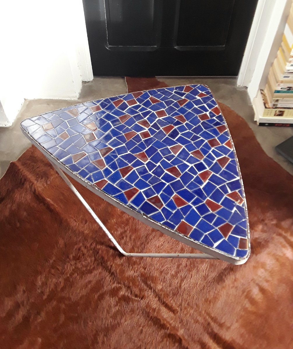 Table basse en mosaïque et fer forgé. Années 1950.-photo-4