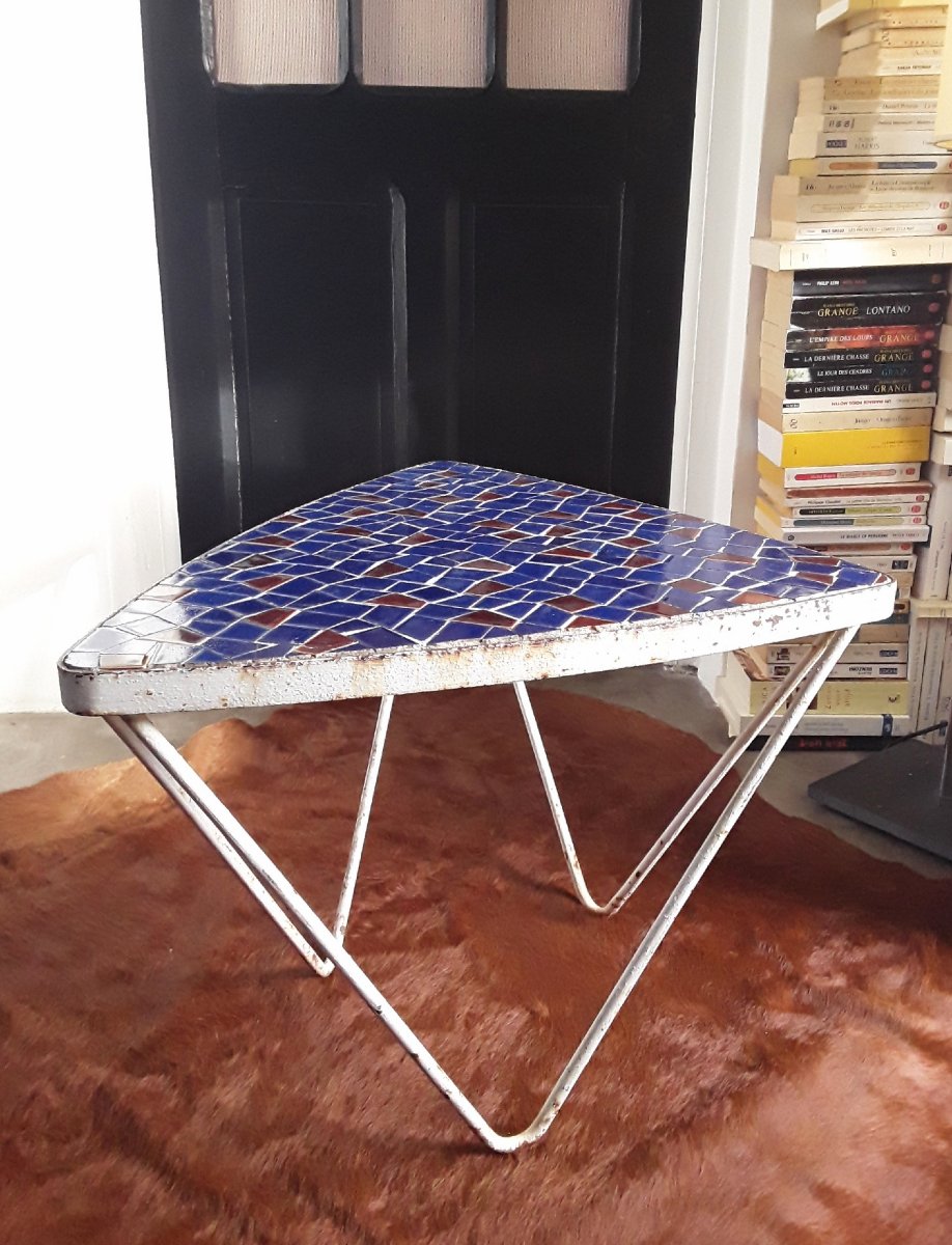 Table basse en mosaïque et fer forgé. Années 1950.-photo-7