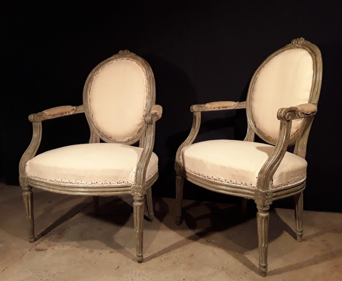 Paire De Fauteuils Laqué d'époque Louis XVI. -photo-4