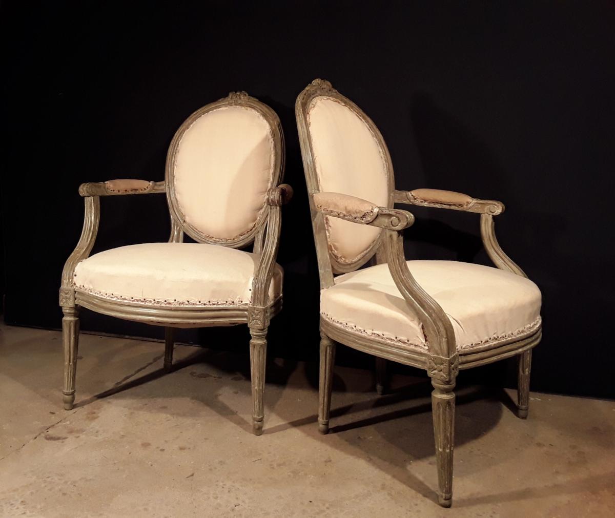 Pair Of Armchairs Lacquered Louis XVI.-photo-1