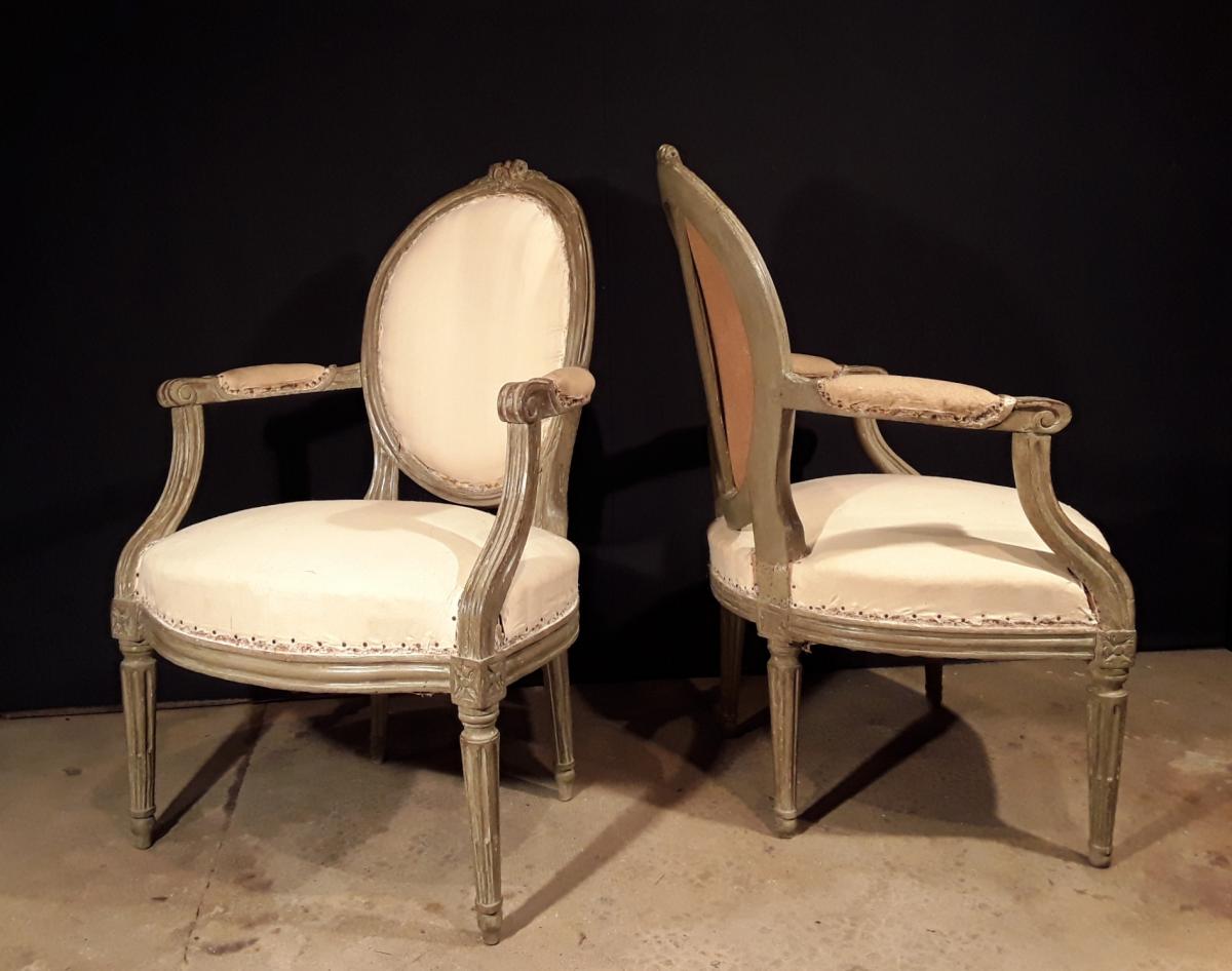 Paire De Fauteuils Laqué d'époque Louis XVI. -photo-4