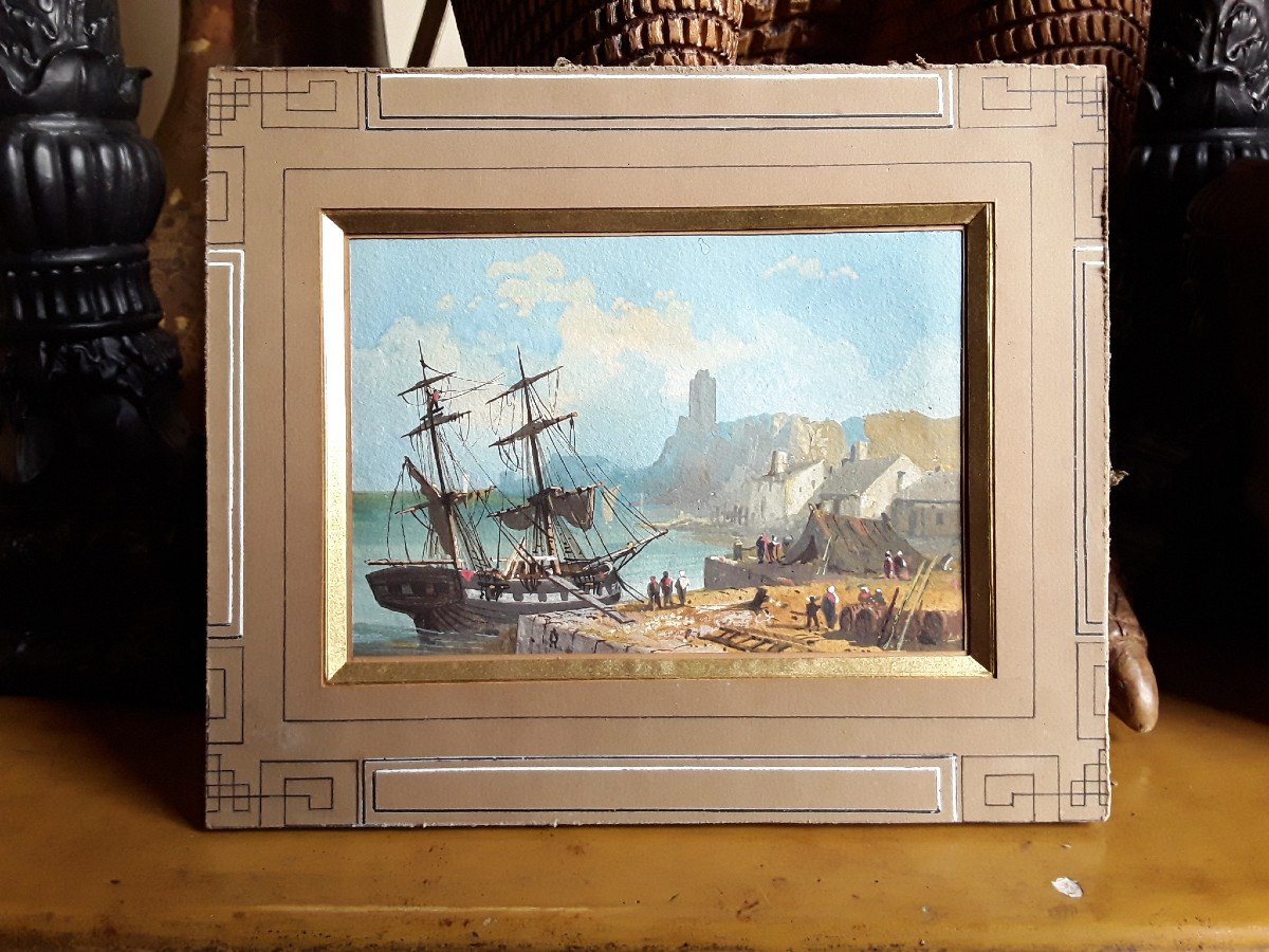 Petite gouache "Scène portuaire " du XIX ème. -photo-4