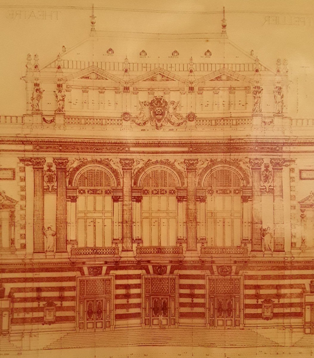Calque " Façade du théâtre de Montpellier " par l'architecte Cassien Bernard. 