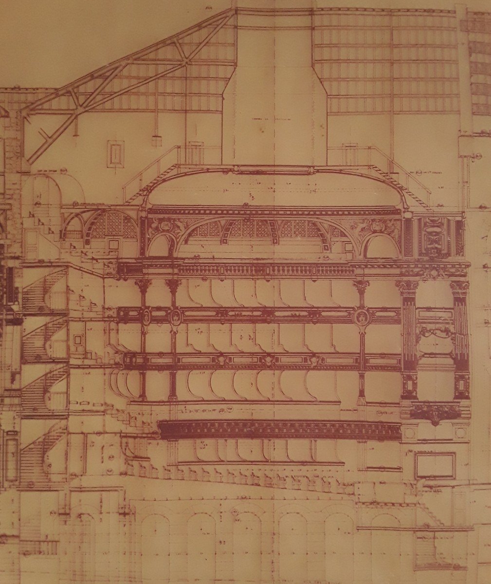 Calque " Coupe longitudinale du théâtre de Montpellier " par l'architecte Cassien Bernard. -photo-4
