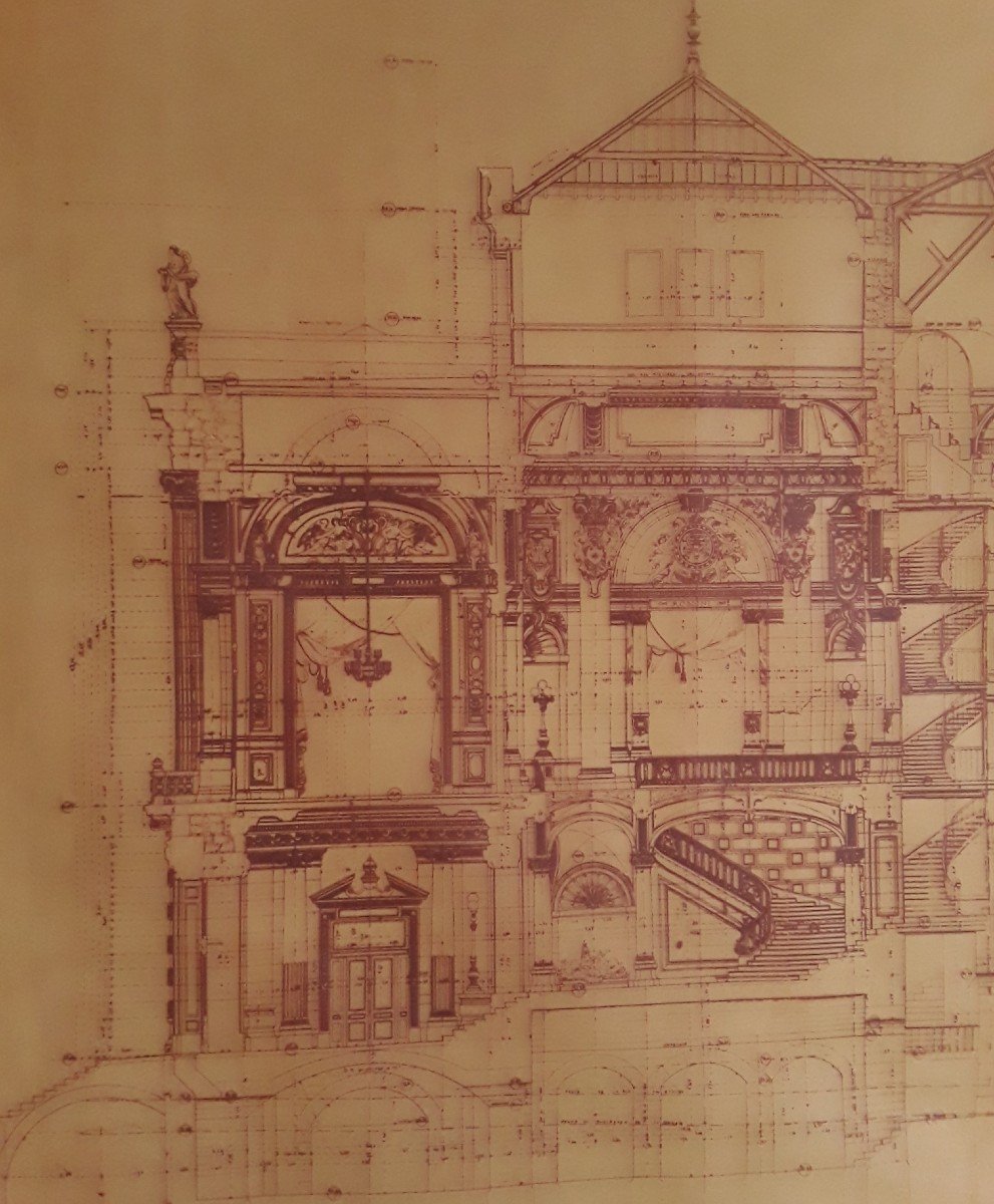 Calque " Coupe longitudinale du théâtre de Montpellier " par l'architecte Cassien Bernard. 