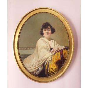 Large Portrait Of The Roaring Twenties By Raoul Guiraud (h 105 Cm).
