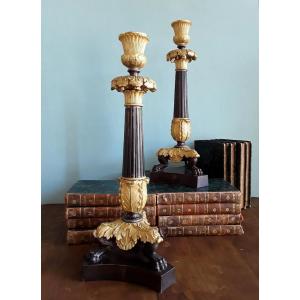 Pair Of Bronze Candlesticks. Early 19th Century.