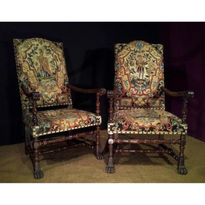 Pair Of Armchairs In Antique Tapestry Louis XIV