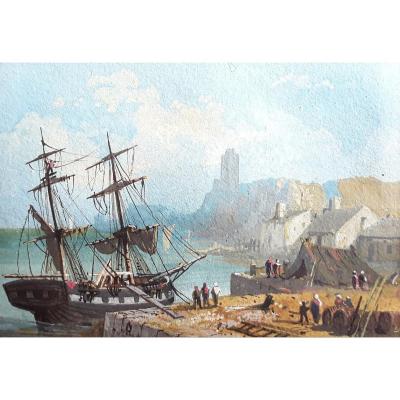 Petite gouache "Scène portuaire " du XIX ème. 