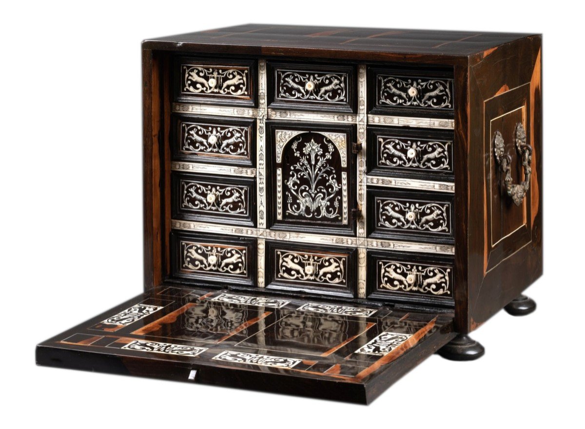 A 17th C. Italian (lombardy) Ebony And Ivory Inlaid Cabinet