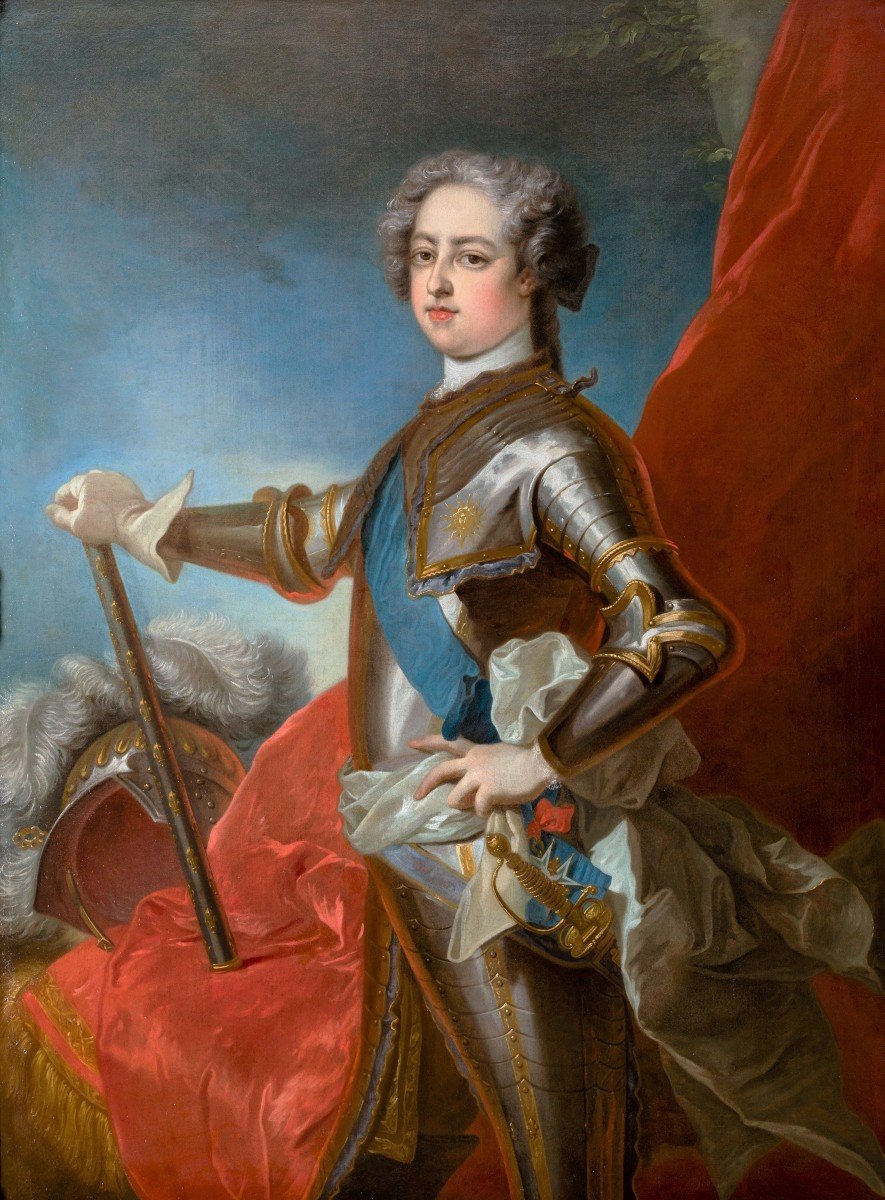 Important Ceremonial Portrait Of King Louis XV In Armor, Workshop Of J.b. Van Loo, Circa 1730-photo-2