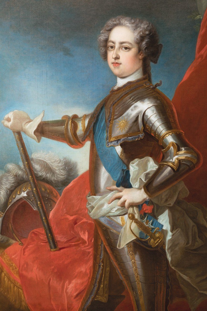 Important Ceremonial Portrait Of King Louis XV In Armor, Workshop Of J.b. Van Loo, Circa 1730-photo-3