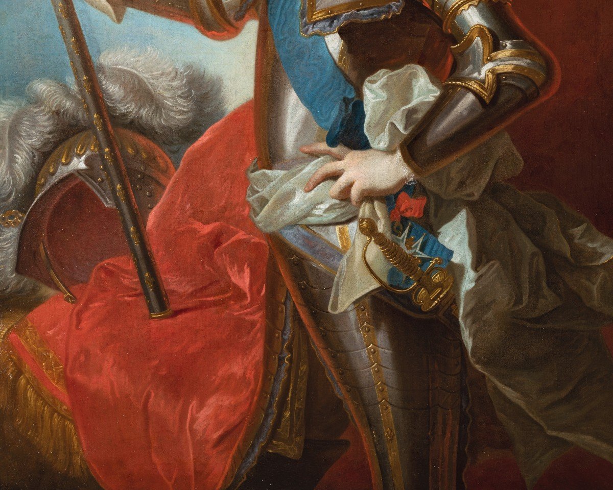 Important Ceremonial Portrait Of King Louis XV In Armor, Workshop Of J.b. Van Loo, Circa 1730-photo-4