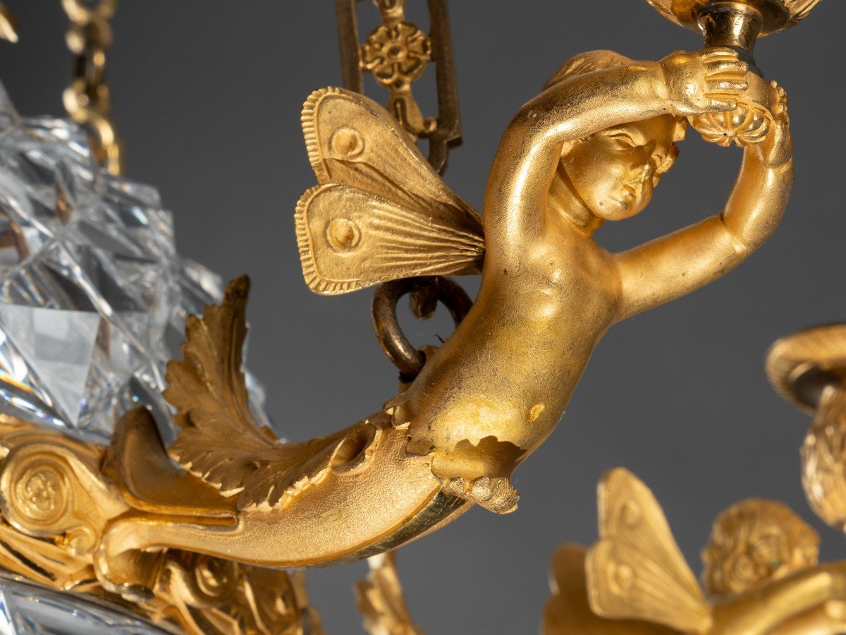 Lustre Empire En Bronze Doré Et Cristal, Attribué à Ravrio, Paris, Vers 1810 -photo-7