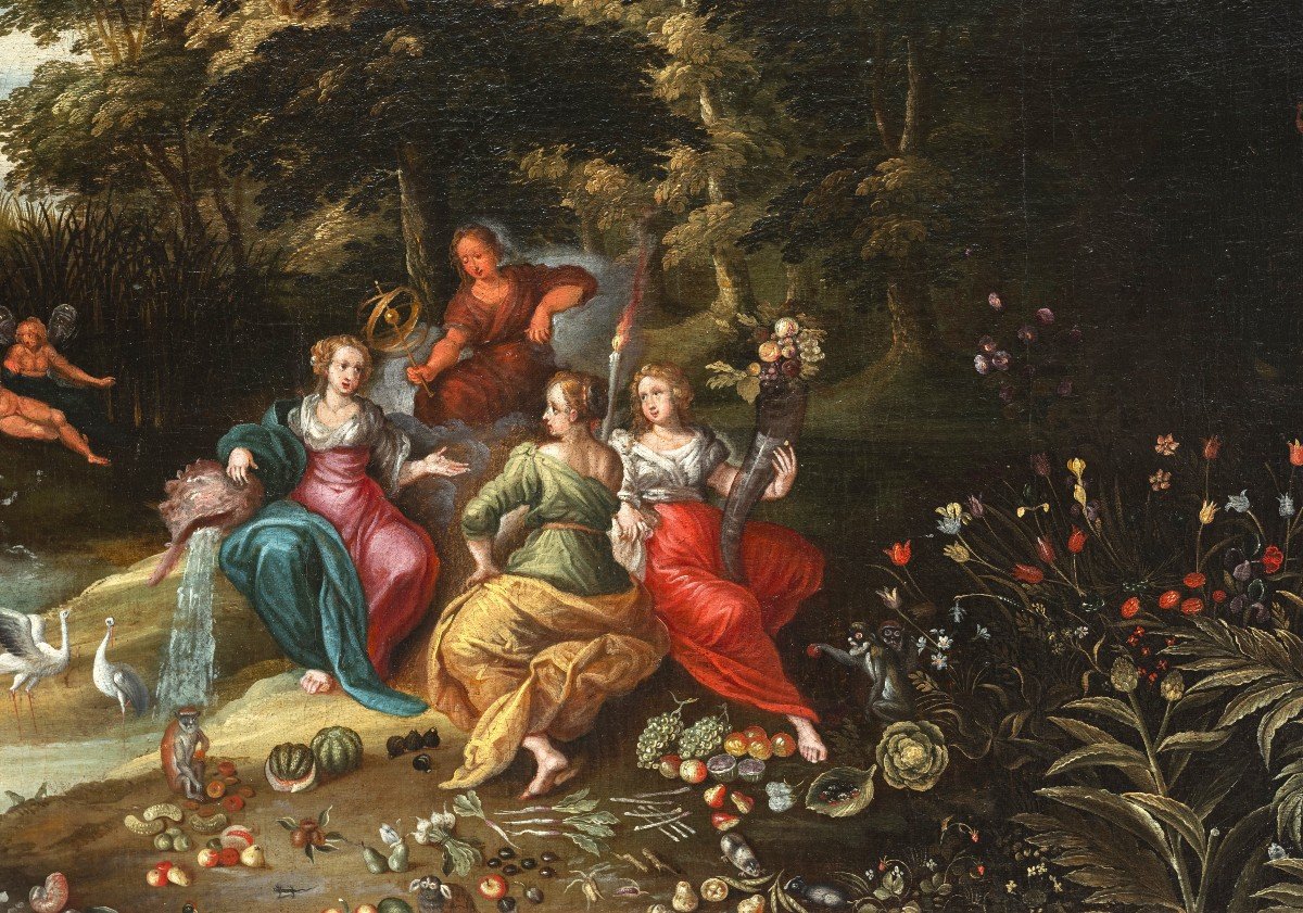 The Allegory Of The Four Elements, Pupil Of Jan Brueghel The Younger, 17th C. Antwerp School-photo-3