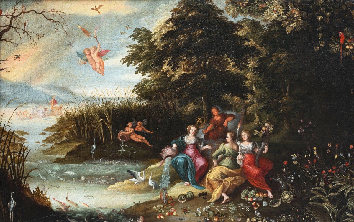 The Allegory Of The Four Elements, Pupil Of Jan Brueghel The Younger, 17th C. Antwerp School-photo-4