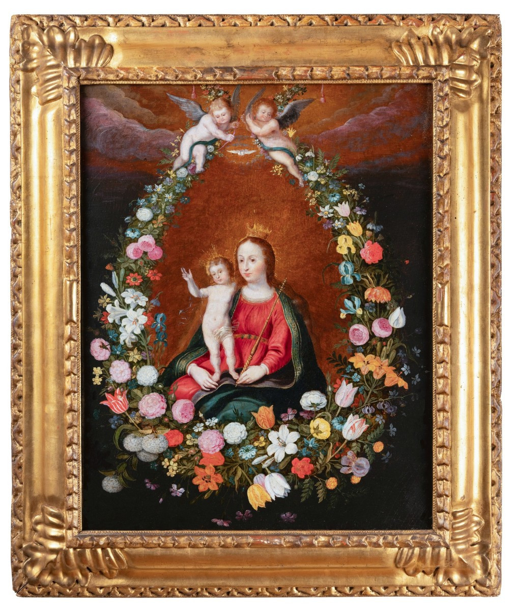 Madonna And Child In A Garland Of Flowers - Studio Of Frans Francken Ii, 17th C. Antwerp School