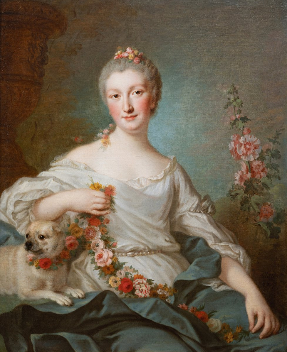 Portrait Of A Young Lady As Flora, Signed Pierre Allais (paris, 1700-1782)-photo-2