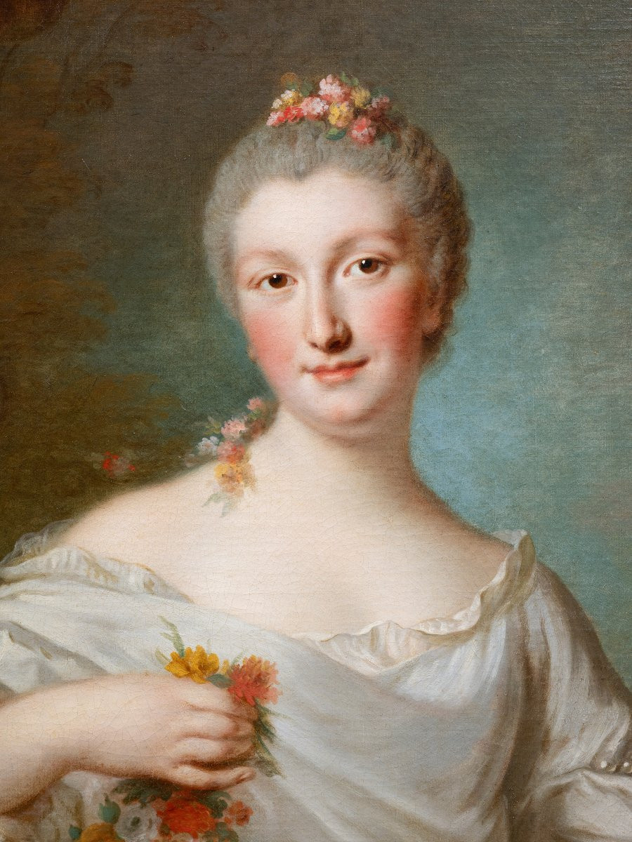 Portrait Of A Young Lady As Flora, Signed Pierre Allais (paris, 1700-1782)-photo-4