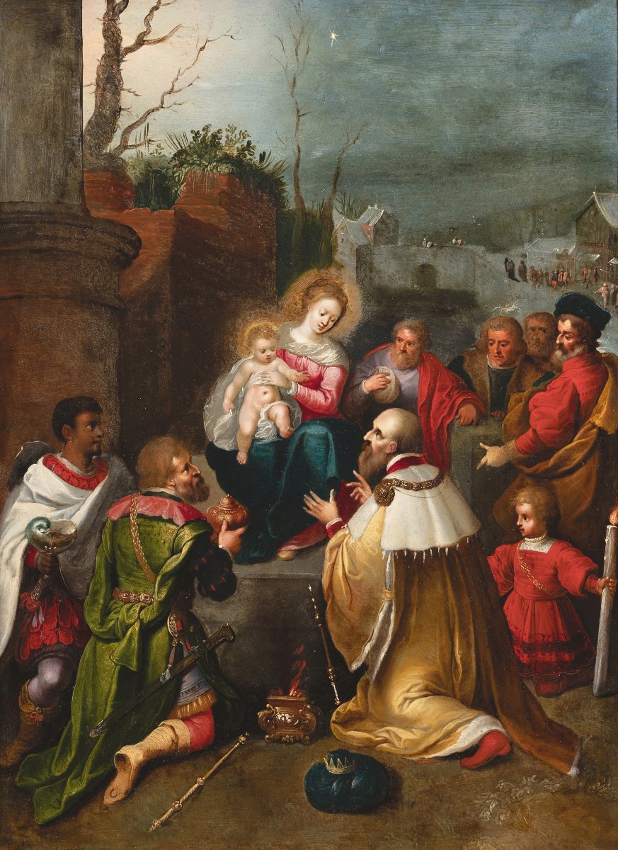 Adoration des rois mages, attribué à Frans Francken II, huile sur cuivre, Anvers, XVIIème -photo-2
