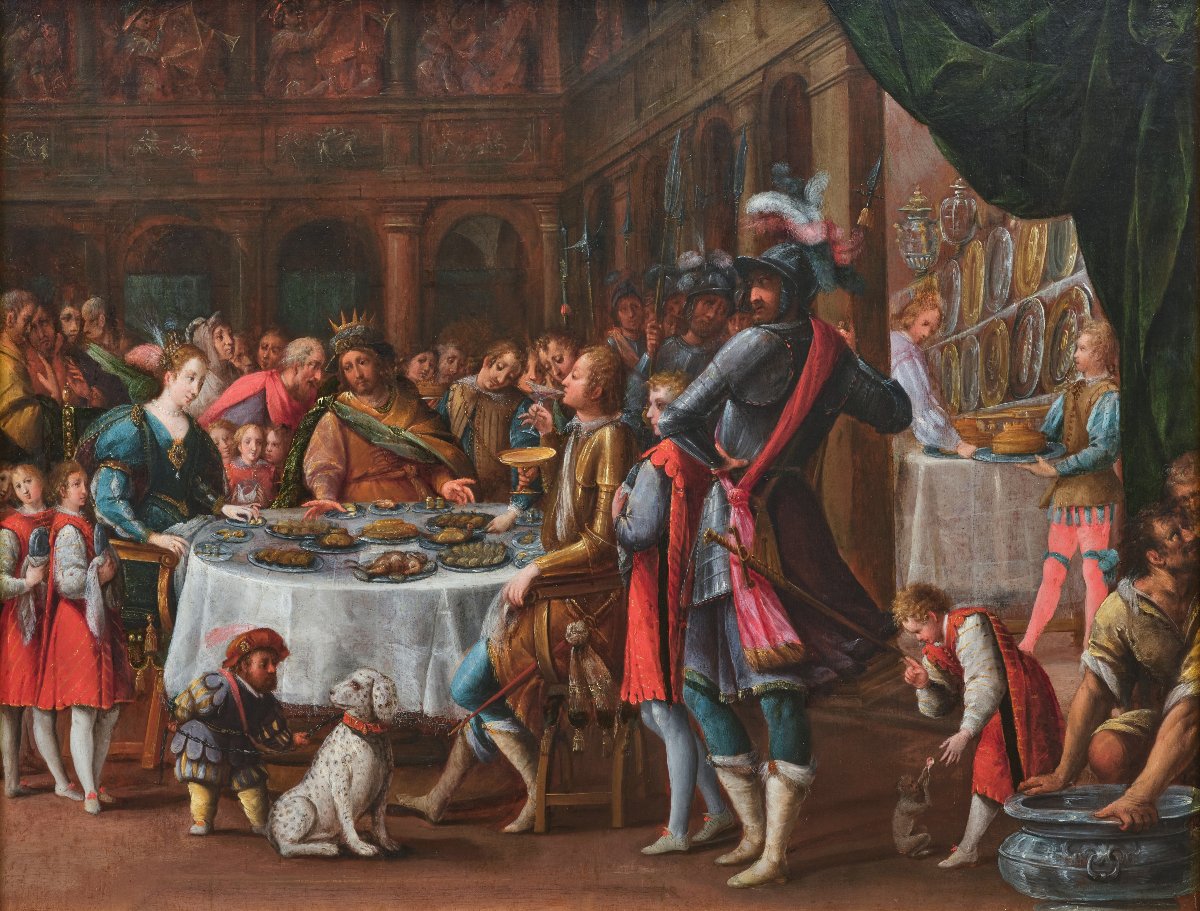 Feast Of Esther, Attributed To Denys Calvaert, Oil On Wood, 17th Century Italian School-photo-2