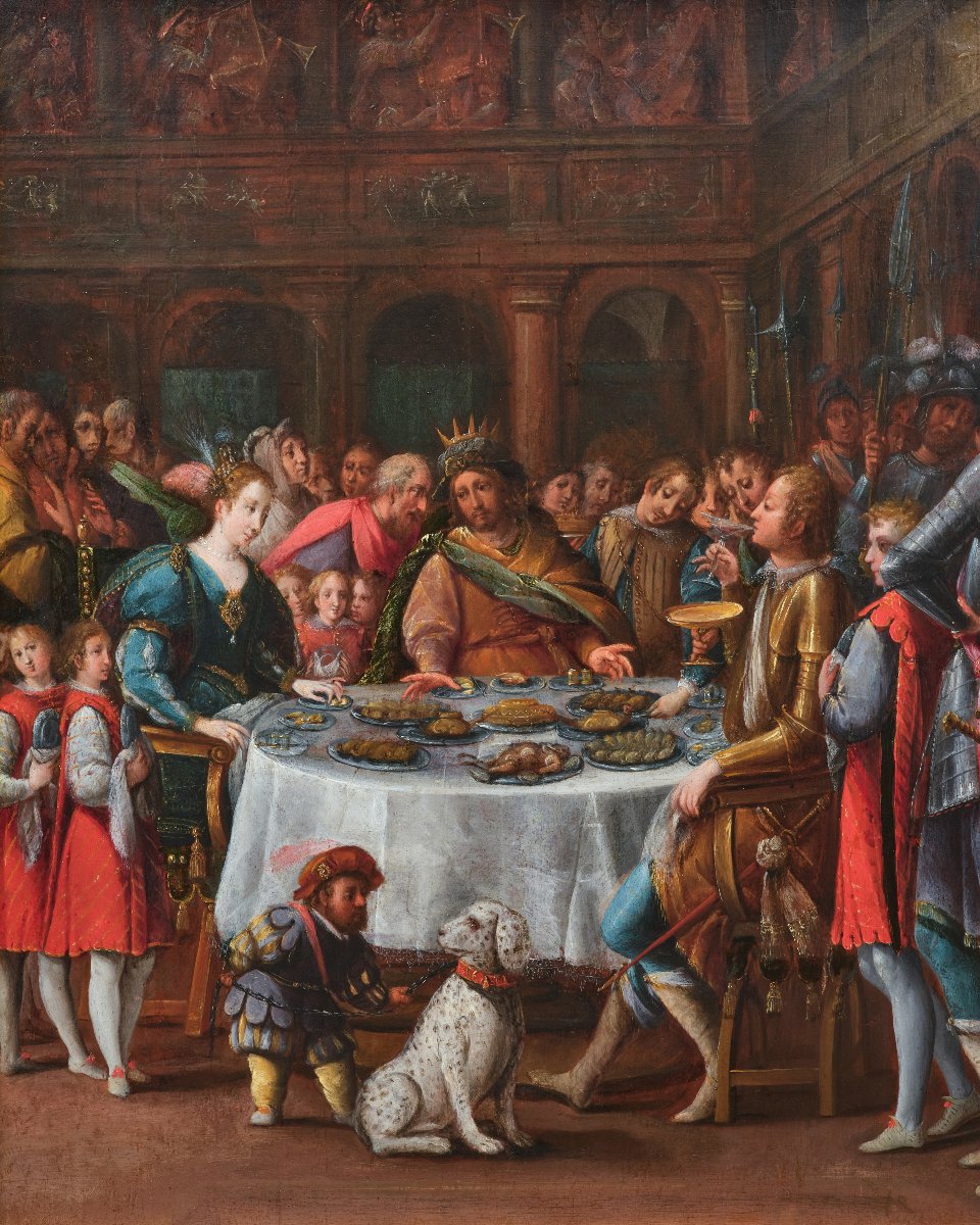 Feast Of Esther, Attributed To Denys Calvaert, Oil On Wood, 17th Century Italian School-photo-3
