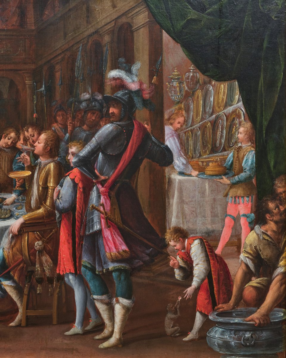 Feast Of Esther, Attributed To Denys Calvaert, Oil On Wood, 17th Century Italian School-photo-4