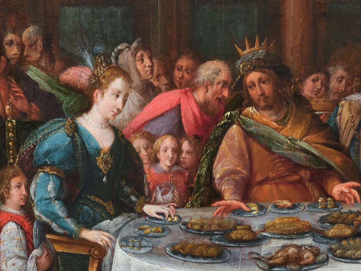 Feast Of Esther, Attributed To Denys Calvaert, Oil On Wood, 17th Century Italian School-photo-2