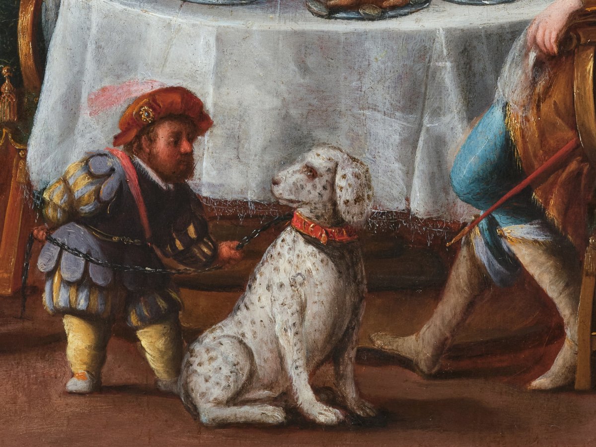 Feast Of Esther, Attributed To Denys Calvaert, Oil On Wood, 17th Century Italian School-photo-3