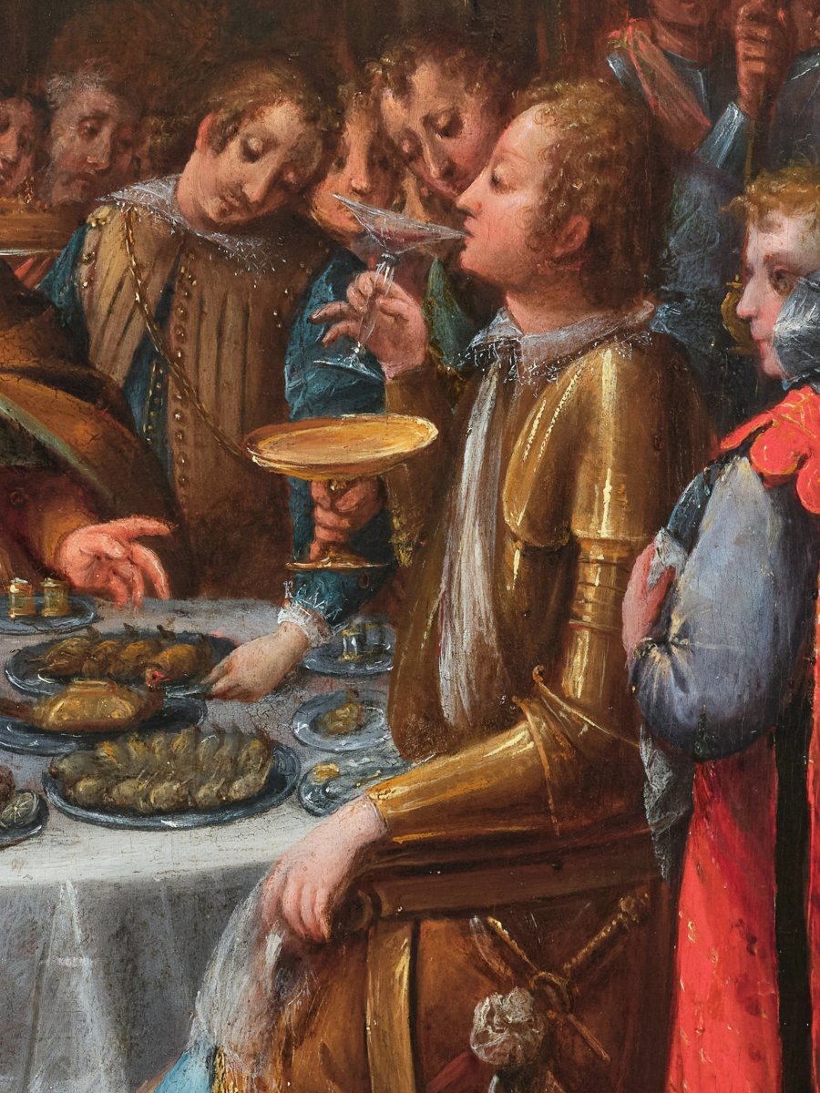Feast Of Esther, Attributed To Denys Calvaert, Oil On Wood, 17th Century Italian School-photo-5