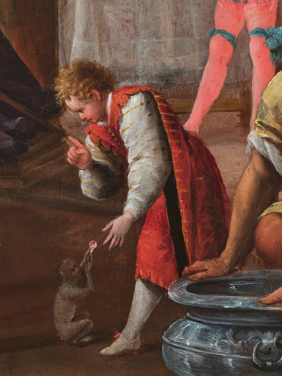 Feast Of Esther, Attributed To Denys Calvaert, Oil On Wood, 17th Century Italian School-photo-6