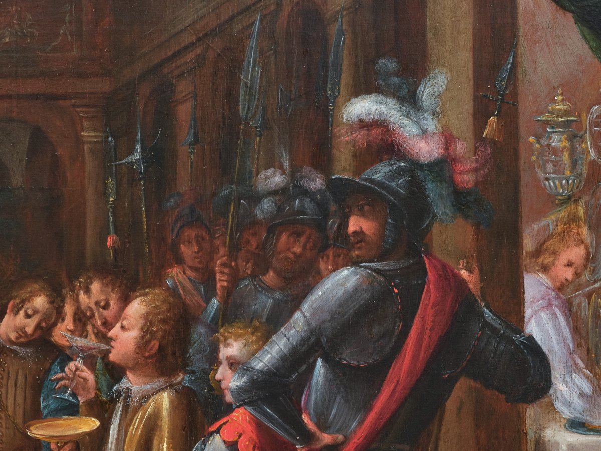 Feast Of Esther, Attributed To Denys Calvaert, Oil On Wood, 17th Century Italian School-photo-7