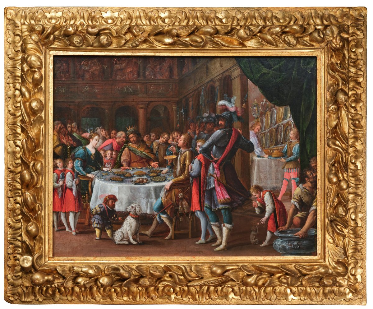 Feast Of Esther, Attributed To Denys Calvaert, Oil On Wood, 17th Century Italian School