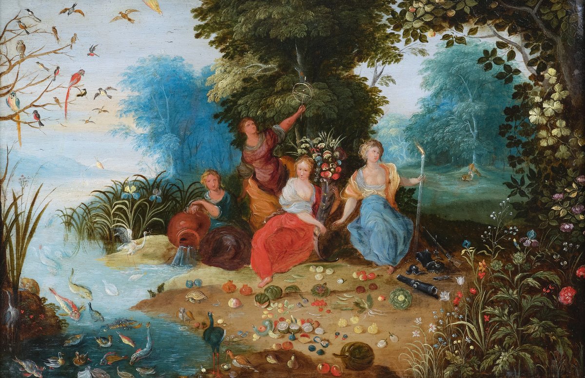 Allégorie des Quatre Éléments, atelier de Jan Brueghel le Jeune, huile sur cuivre, Anvers XVIIe