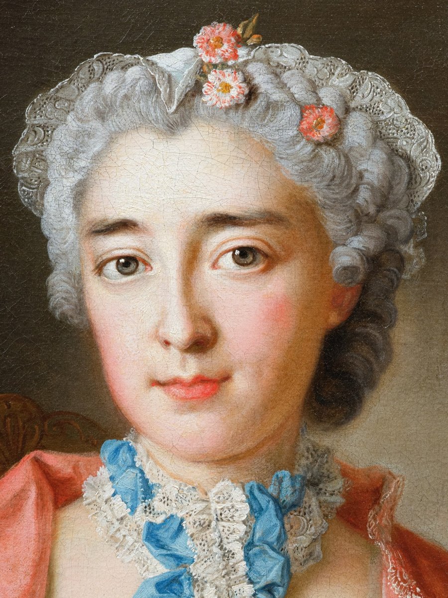 Portrait de dame à l’éventail par François Eisen (1695-1778), signé et daté 1748, cadre XVIIIe-photo-3