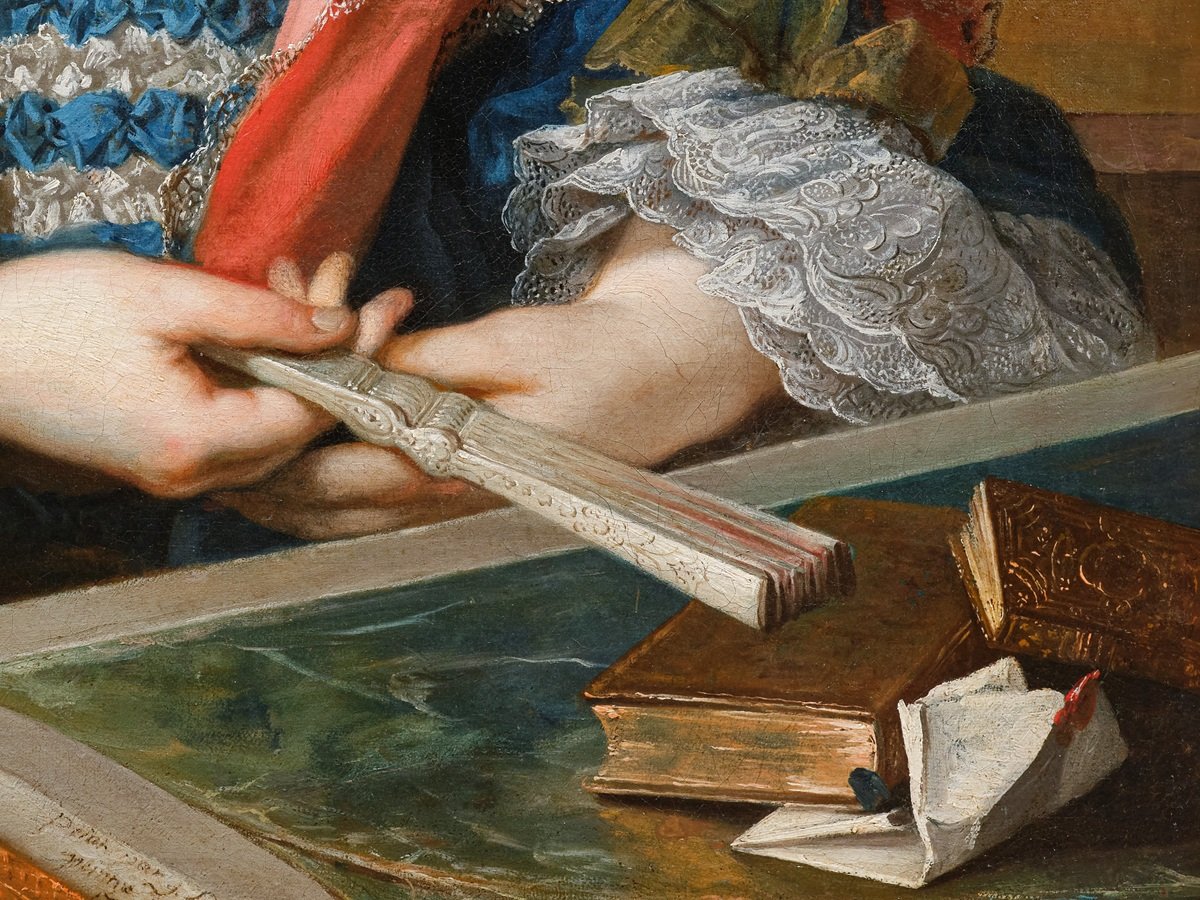 Portrait de dame à l’éventail par François Eisen (1695-1778), signé et daté 1748, cadre XVIIIe-photo-1