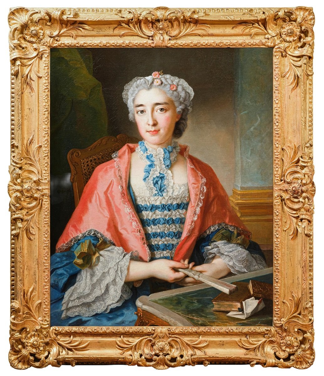 Portrait de dame à l’éventail par François Eisen (1695-1778), signé et daté 1748, cadre XVIIIe