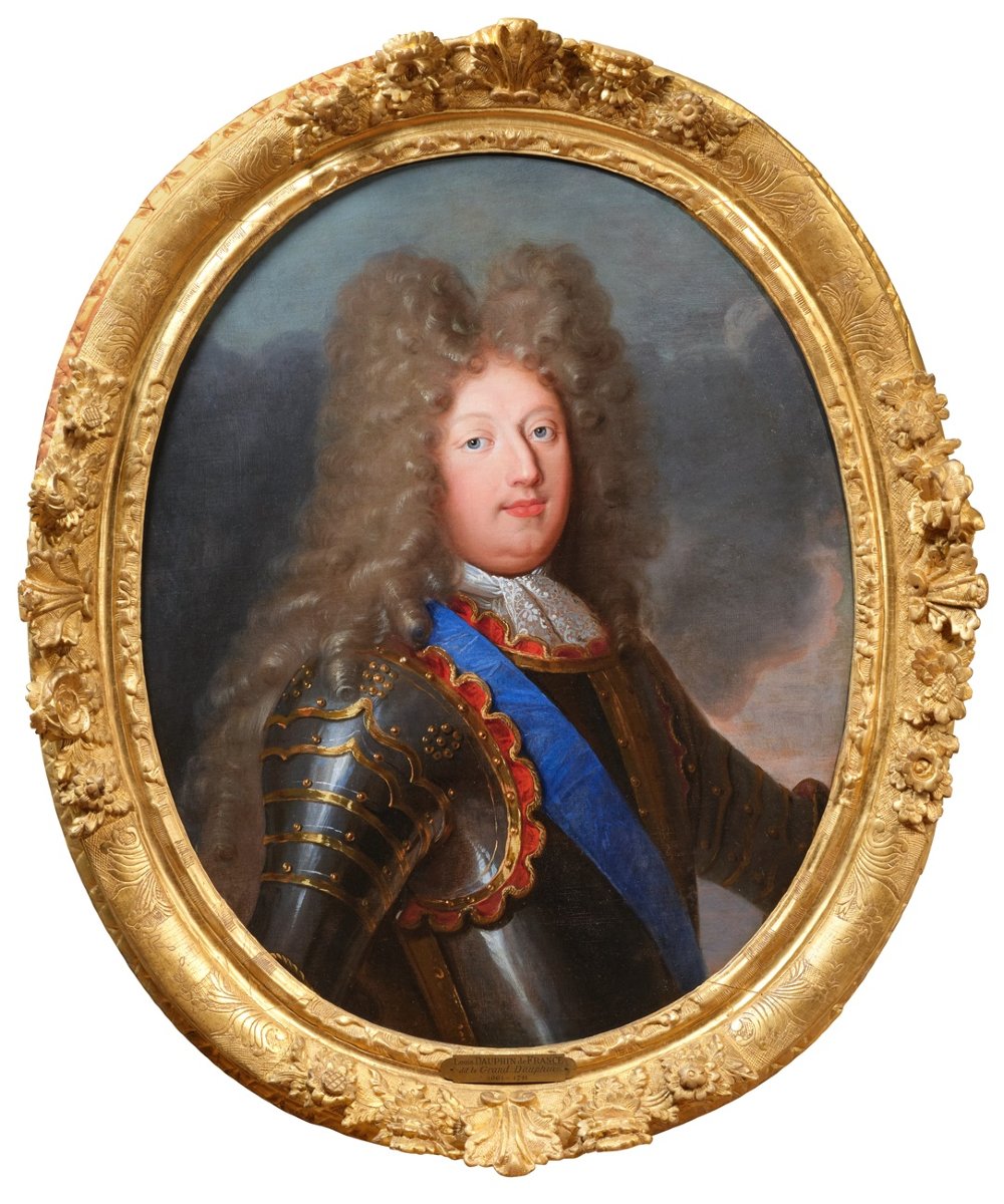 Portrait du Grand Dauphin, atelier de Hyacinthe Rigaud, vers 1700, cadre d'époque Louis XIV