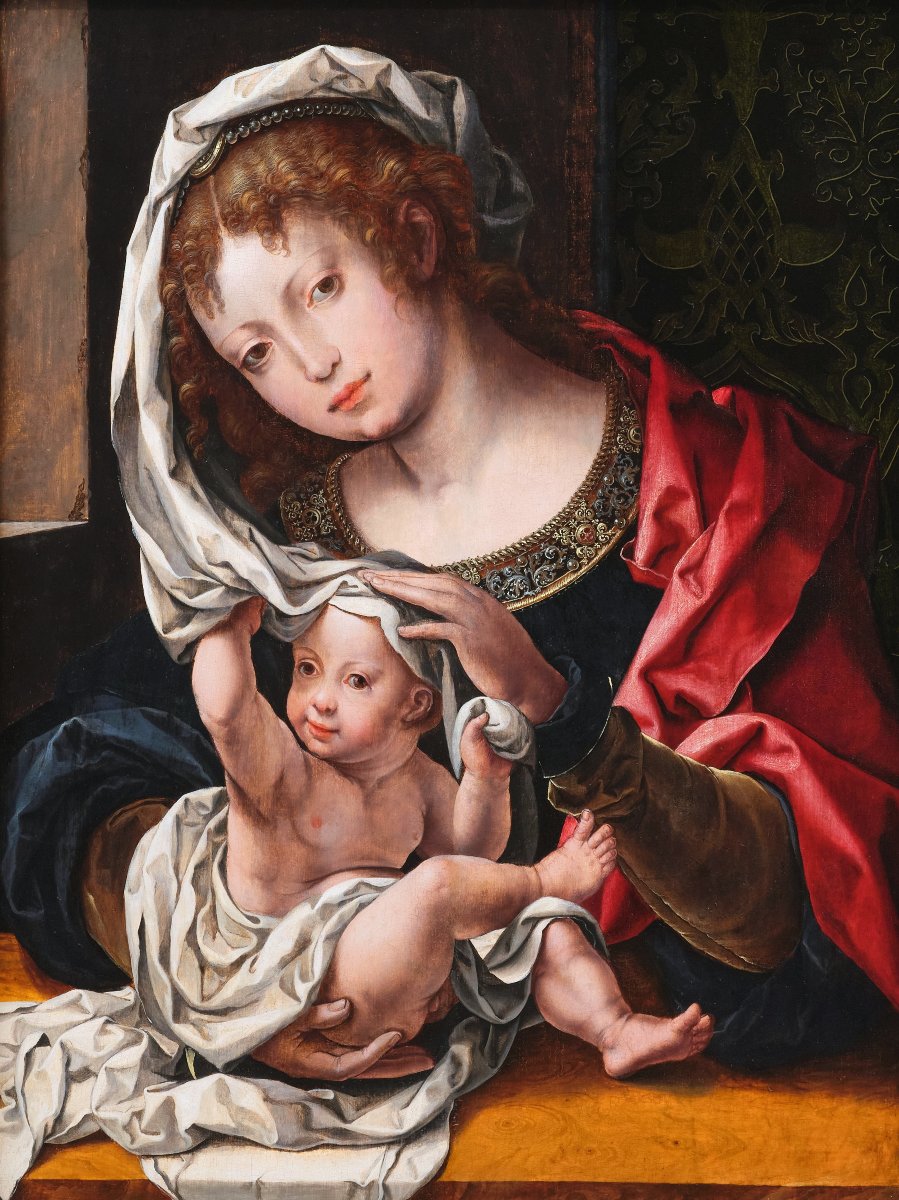 Virgin With Child, Studio Of Jan Gossaert (1478-1532), Antwerp 16th Century-photo-2