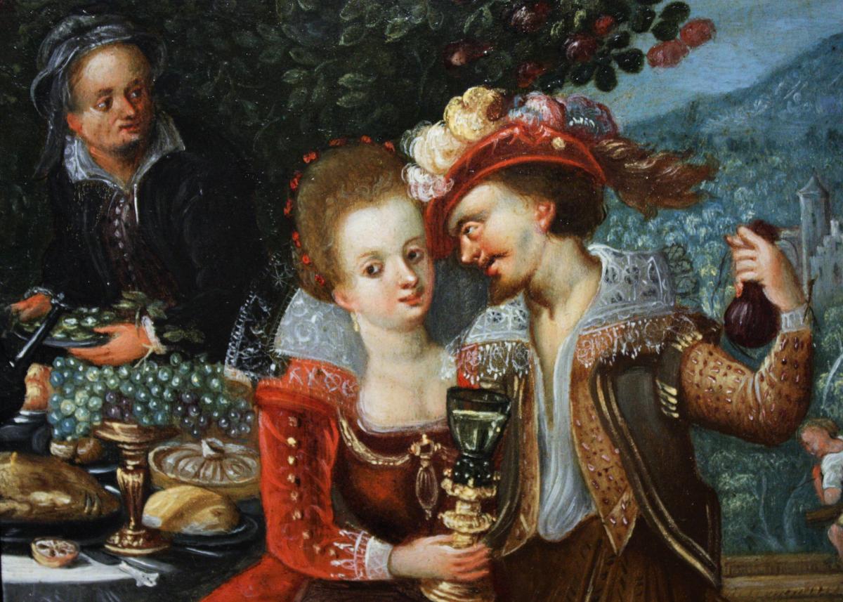 The Banquet, Attributed To Louis De Caullery (1580-1621), Oil On Copper, Antwerp-photo-2