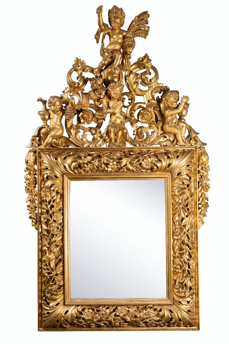 Miroir En Bois Doré Aux Quatre Saisons, Italie, Début Du XVIIIeme Siècle