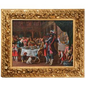 Festin d’Esther attribué à Denys Calvaert, huile sur bois, école Italienne du XVIIème siècle