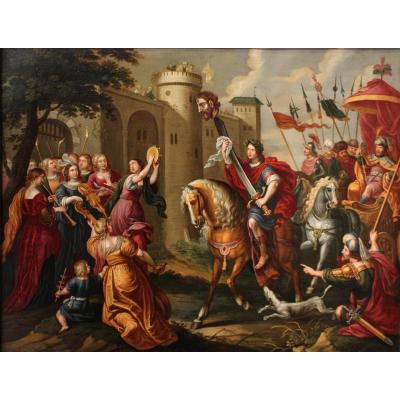 Triumph Of David - Oil On Copper 17th Century Attributed To Peter Sion