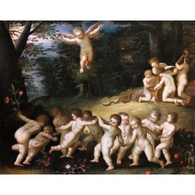 Putti Dancing, Oil On Panel, Hendrick Van Balen Attr., 17th Century